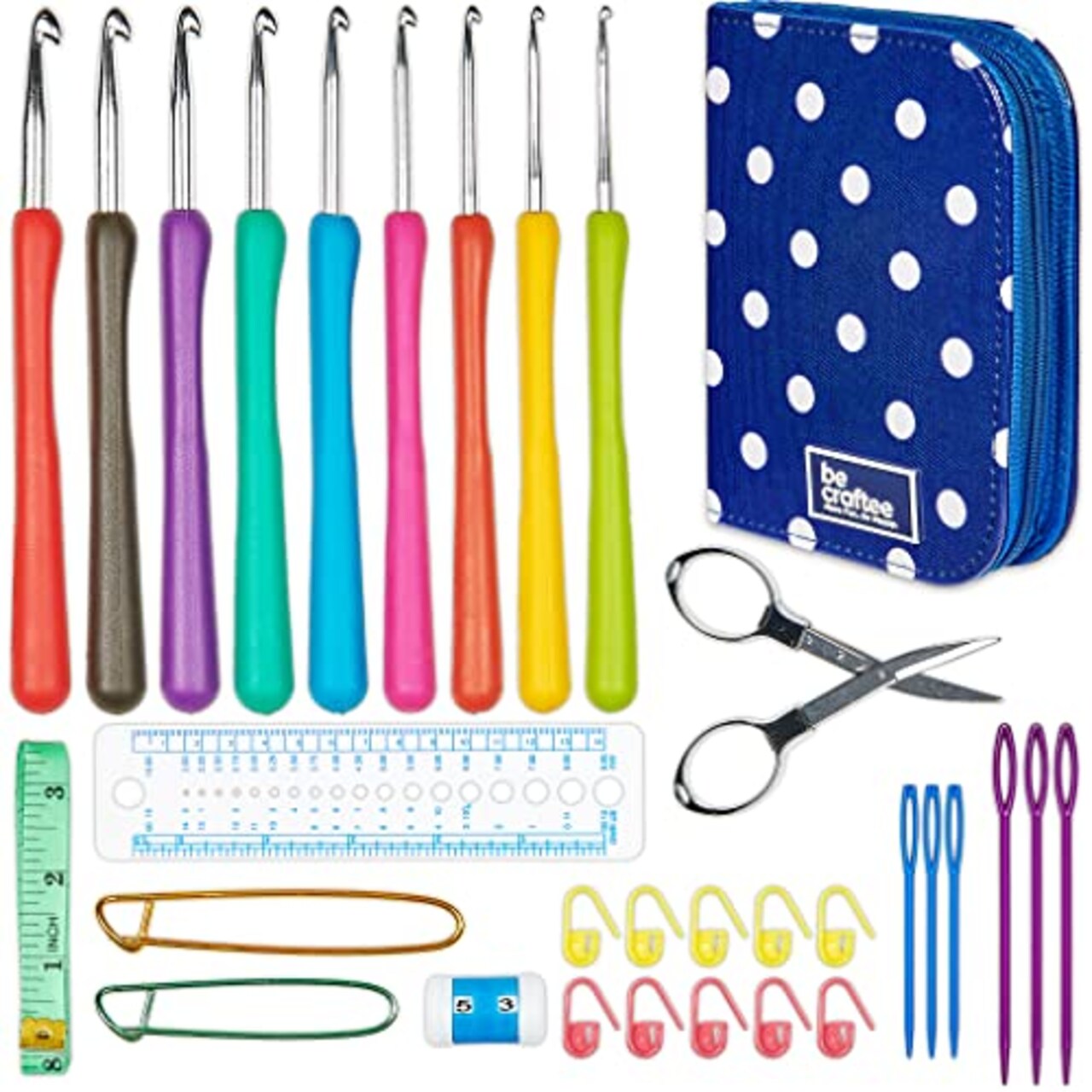 BeCraftee Crochet Hooks Kit - 31 Piece Set with 9 Ergonomic Hook Sizes, 6  Yarn Needles, Additional Knitting & Crochet Supplies and Carrying Case﻿